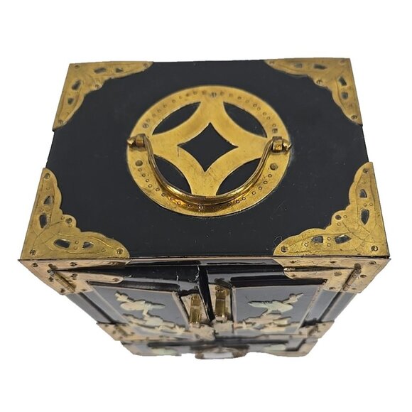 Vintage Asian Lacquer Jewelry Box Chest Brass Mother-of-Pearl Birds Flowers - Picture 3 of 15